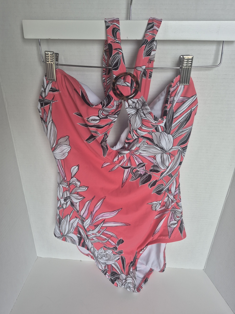 Apt. 9 Coral Floral One-Piece Swimsuit with White and Black Accents